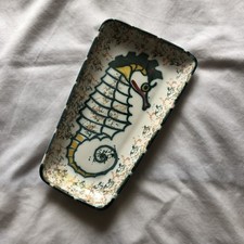 Honiton Pottery Vintage Cream & Green Painted Seahorse Tray By William Marshall.