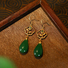 Green Natural Jade Water drop Earrings Vintage Real Jewelry 18K Gold Plated