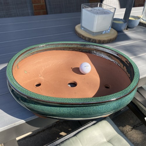 Large green glazed oval - green, bonsai