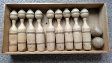 Vintage Set of 9 x WOODEN SKITTLES - Handmade - 1950s