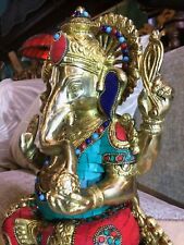 Ganesh Large Brass Statue Inlaid Stones Sculpture Temple Oriental Deity 31cm 8kg