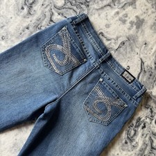 Vintage Earl Jean Y2K Blue Denim Jeans Embroidered Rhinestone Pockets UK 10 US 6