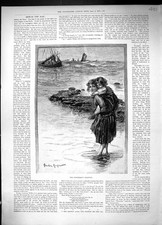 Old Print 1893 Children Girls Waiting Shore Fisherman'S Boat Greeting Sea 19th