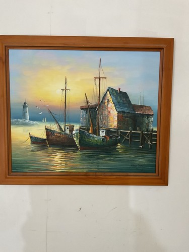 Vintage oil painting harbour - vintage,