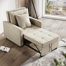 3-in-1 Single Sofa Bed Pull Out Fabric Cream Recliner Sleeper Convertible Chair