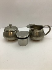 Royal Selangor Pewter Vintage Sugar Pot And Creamer, SS TM Nutbrown Salt Shaker
