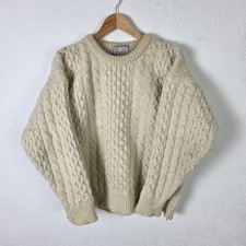 Vintage Harrods Aran Knit Jumper Mens Large Beige Chunky Wool Fisherman Sweater