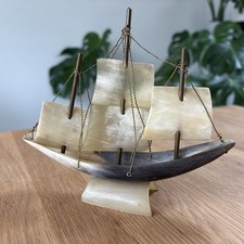Cow Bull Horn Ship Sailing Boat Carved Vintage H 15cm X L 16cm