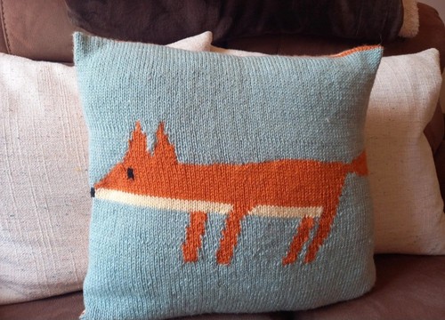 Hand knitted fox cushion - hand, cover