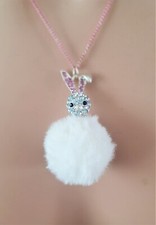 Pom Pom RABBIT Pendant NECKLACE Bunny PINK Iridescent Bead SILVER Metal Chain