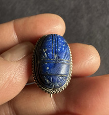 Antique Tested Silver Carved Lapis  Scarab Brooch