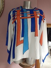 *GICANNI* ladies Unusual Blue White Rust Patterned Top Drape Split Bell Sleeve