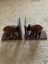 VTG Hand Carved Solid Dark Wood Elephant 9” Bookends Complete with Tusks African