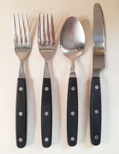 Vtg Viners bistro-style 2 forks 1 knife 1 spoon black faux wood handles 3 rivets
