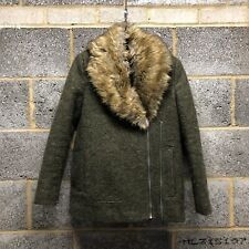 Zara Flight Jacket Womens Small Faux Fur Collar Wool Blend Green Aviator Coat