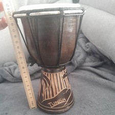 NORTH AFRICAN 24.5CM CARVED WOODEN 2 CAMEL PATTERN DJEMBE BONGO ANIMAL SKIN DRUM