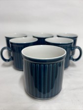SET OF SIX VINTAGE MCM MIDWINTER TREND TEAL BLUE & WHITE RIBBED MUGS 1960’s