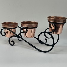 VINTAGE FRENCH 3 SMALL COPPER PLANT POT STAMPED VILLEDIEU ON BLACK METAL STAND
