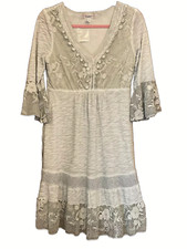 Linea Tesini Size 10 Pale Grey  Lined DRESS 3/4 Sleeve Lace Trim Boho Prairie