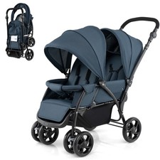 COSTWAY Portable Foldable Double Seat Baby Stroller w/Adjustable Backrest-Blue