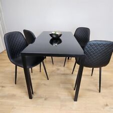 Black Glass Dining Table Set with 4 Leather Chairs Modern Italian Design