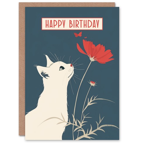 Birthday card sweet white - white, cat