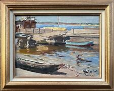 M. F. Pouchnoi (Russian, 1929-1996) : "Pier on the Volga", oil on board
