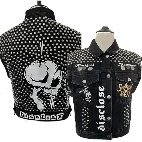 Studded black denim vest punk - black, vest: