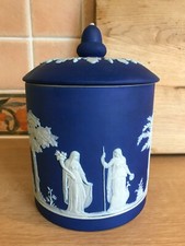 Blue Wedgwood Jasperware Grecian design Biscuit Barrel/Jar- Acorn Finial-19.5cms