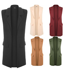 New Womens Sleeveless Crepe Open Long Waistcoat Pocket Top Ladies Jacket