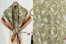 100% Mulberry Silk Scarf in Green Paisley Design 43”/110cm Square Vintage Large