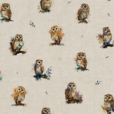 Upholstery Fabric - Watercolour Owls on Natural Linen Look Craft Fabric Material