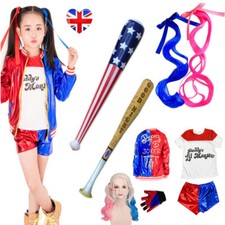 Kids Girl Harley Quinn Suicide Squad Cosplay Costume Wig Outfit UK