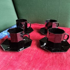 Arcoroc Octime Black Octagonal 4 Tea Coffee Cups & Saucers