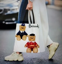 Harrods Print 2 Teddy Bears White Tote Bag Shoulder Bag 35x40cm New