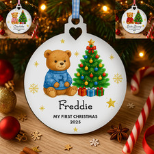 Personalised Babys First Christmas 2025 Wooden Bauble hand crafted Blue Pink Red