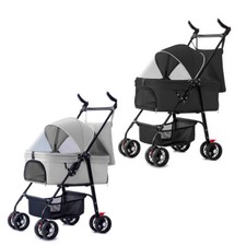Folding 4 Wheel Pet Stroller Travel Adjustable Canopy Storage Brake Grey/Black