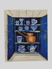 Cornish pottery in kitchen cupboard signed mixed media on board