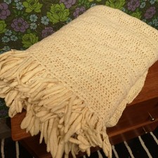 Vintage Cream Knitted Crochet Blanket Throw Bedspread -needs a freshen up