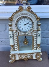 Juliana Quartz French Style Mantel Clock in White & Gold With Moving Pendulum.