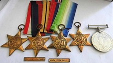 WW2 ROYAL NAVY GROUP 5 MEDALS & 2 CLASPS BOXED PAGE FROM CRAFTHOLE CORNWALL