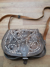 LEATHER CUTWORK + STUD DETAIL BROWN LEATHER SADDLE BAG CROSSBODY BOHO FESTIVAL
