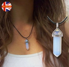 White Opal Natural Quartz Crystal Healing Point Bullet Pendant Leather Necklace