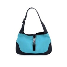 Authentic Gucci Turquoise Canvas Black Leather Jackie Hobo Bag Handbag