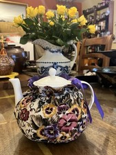 Elegant White Teapot with Beautiful, Padded, Floral Pansy Pattern Tea Cosy. VGC