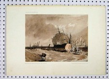 Original Old Antique Print Water Colour Sepia Frigates Fishing Boats Medway