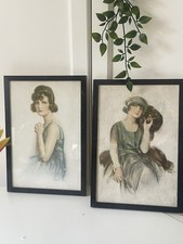 Vintage Pair 1920s Fashion Portraits Gallery Wall Women Watercolour Prints