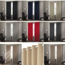 Pair of EYELET Ring Top Plain Thermal BLACKOUT LINED Curtains with Tie Backs