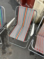 Vintage Retro Deck Sun Chair Striped Fabric Folding