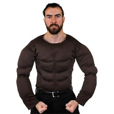 MENS PADDED BROWN MUSCLE CHEST TOP STRONGMAN SHIRT TV ARMY FANCY DRESS COSTUME 